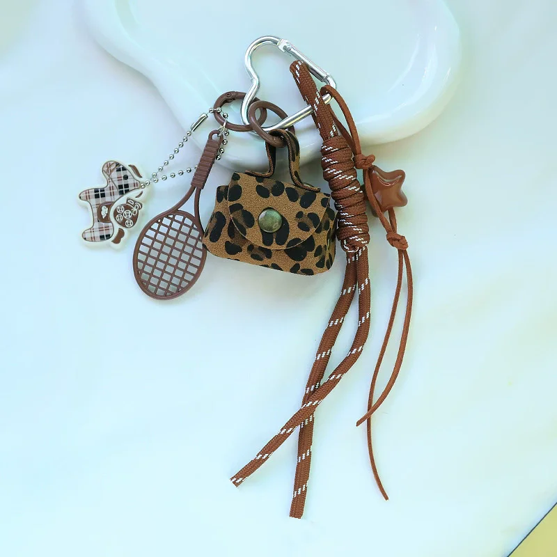 Trendy Leopard Print Mini Purse Keychain Bag Pendant Accesories for Backpack Maillard Braid Rope Charm Decor Accessories