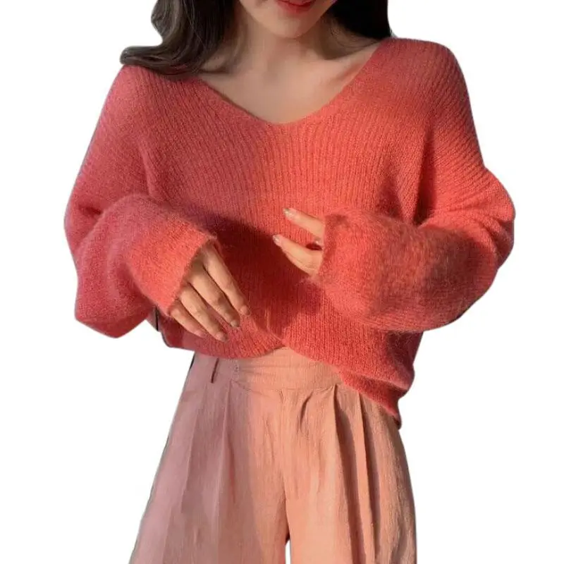 Women\'s  Fall Long Sleeve V Neck Solid Color Knit Chunky Casual Oversized Pullover Sweater Tops