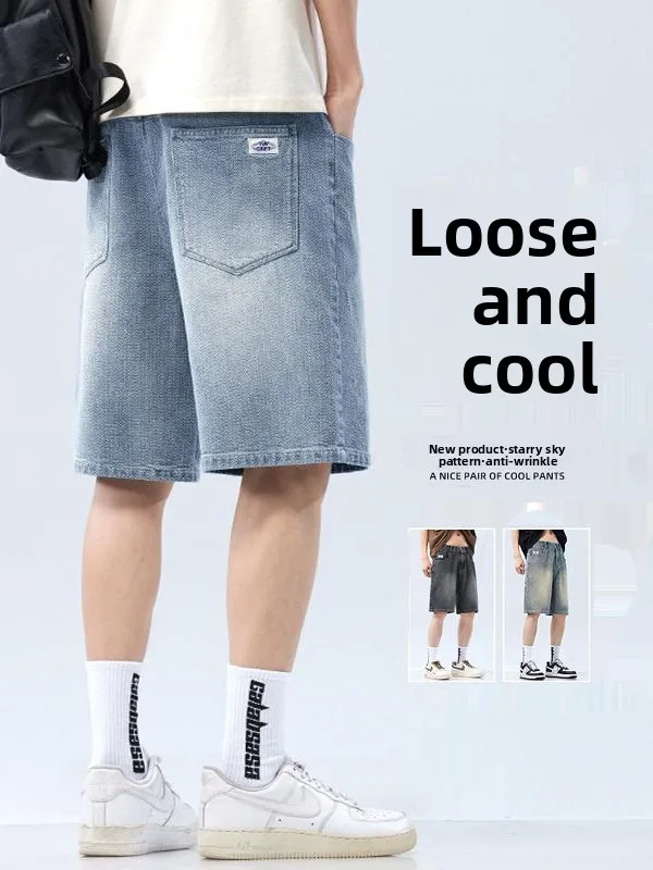 

Summer Thin Starry Pattern Men's Denim orts Loose Straight Cut Five-Quarter Length Casual Wear Youth Faion
