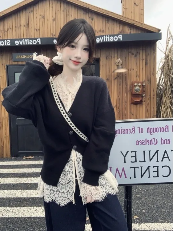 

plus Size Women's Black V-Neck Lace Sweater Top Korean Style Slim Fit Long Sleeve Knitted Inner Wear Autumn Fashion Trend