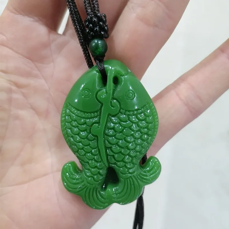 Natural Jade Green Hand Carved Carp Pendant Fashion Jewelry Men's and Women's Fish Necklace Gift Accessories