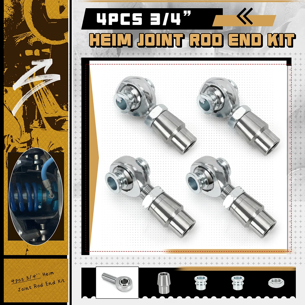4pcs 3/4''-16 X 3/4 Bore Left & Right Hand Thread Heim Joint Rod End Kit with 750'' Chromoly Joints, Round Tube Adapter