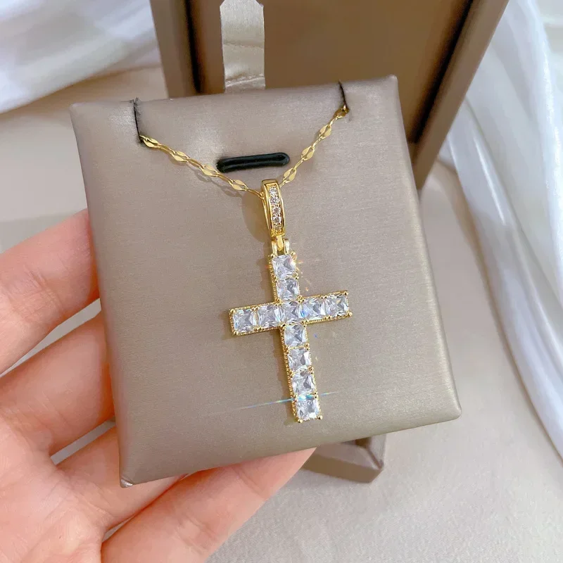 Shiny Luxury Zircon Cross Pendant Necklace for Women Men Stainless Steel Chain Trendy for Friends Birthday Party Gifts