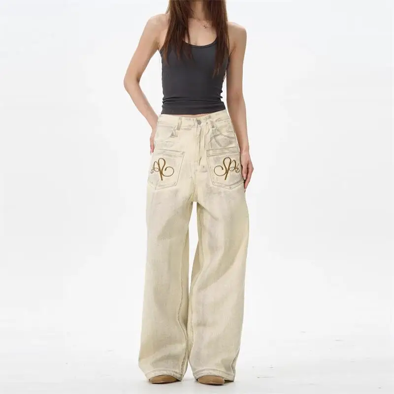 

Летние винтажные потертые джинсы с вышивкой для женщин на улице, грязные окрашенные и двусторонние свободные повседневные прямые брюки