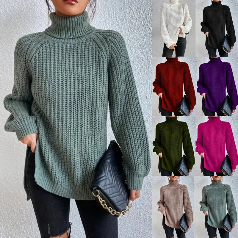 Autumn And Winter Women's Elegant Knitted Sweater Mid To Long, With Raglan Sleeves High Collar  And Split Sweater