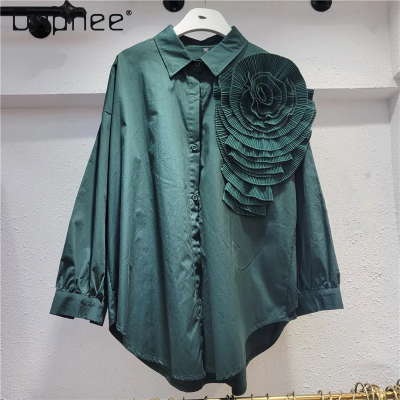 Camisa plisada tridimensional de manga larga con flores grandes, camisas ligeras de lujo con personalidad urbana, blusa informal versátil