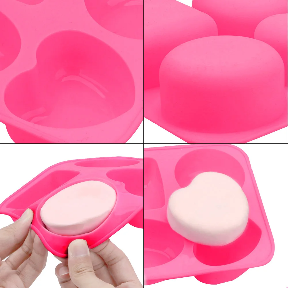 4 Cavity Silicone Soap Molds Handmade Flexible Round Oval Heart Square Unique Soap Making Mold Tools