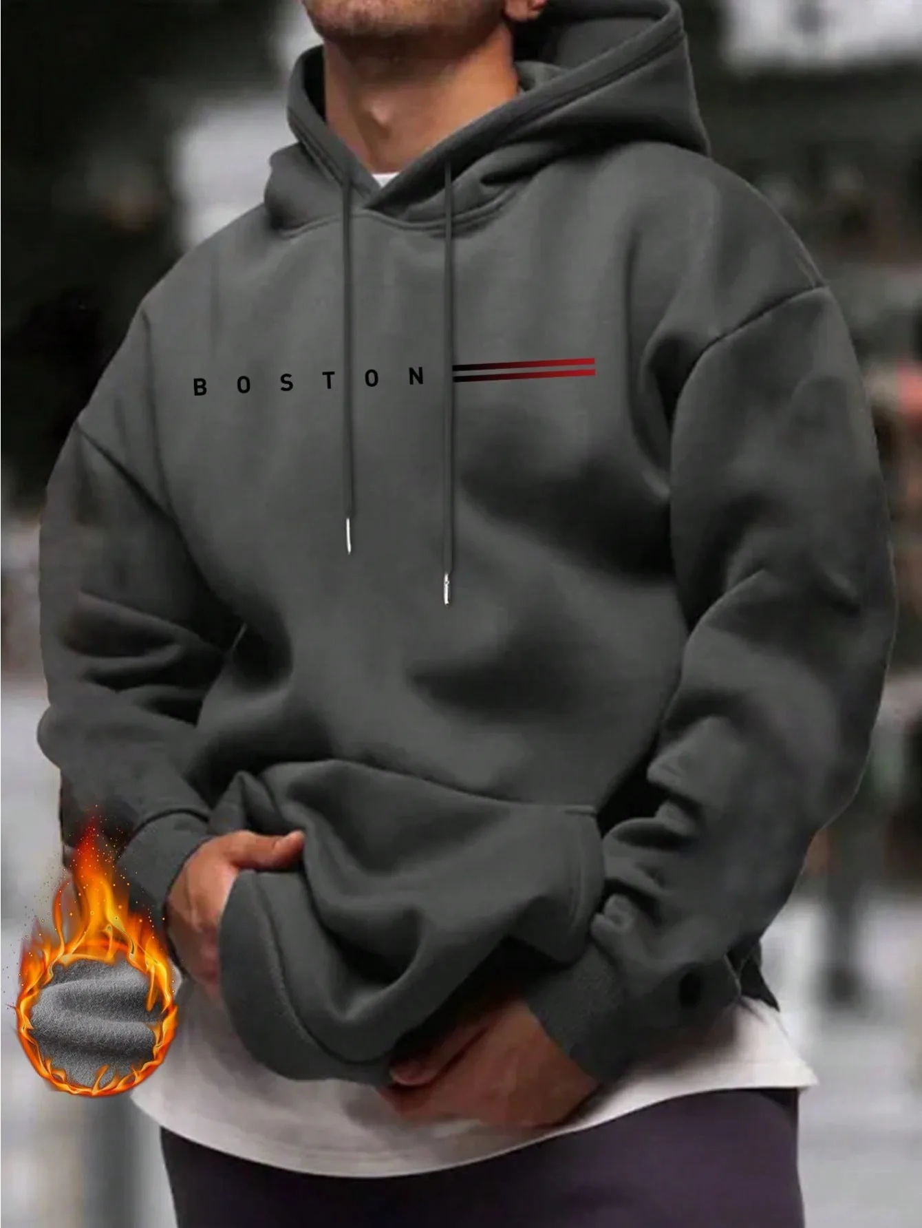 

Men's Casual Boston Design Print Loose Pocket Hoodie Sweatshirt, Comfortable Sports Wear Choice For Autumn/Winter