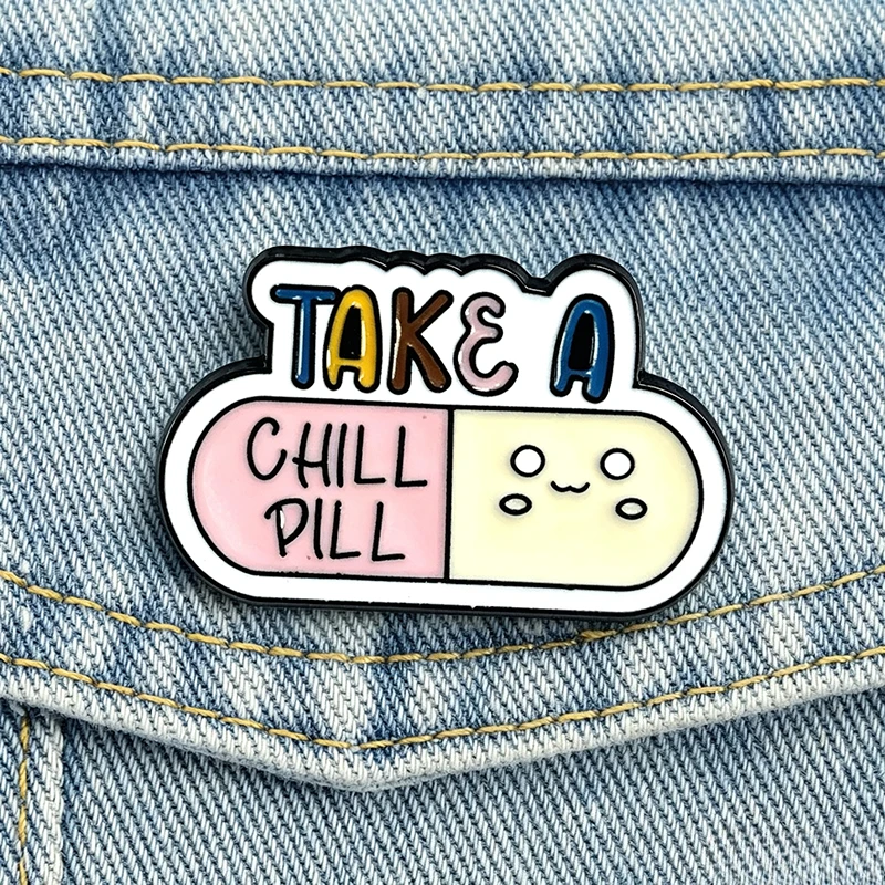 Enamel Pin Take Your Meds Pink Pill Bottle Metal Brooch Flower Heart Medicine Jar Badge Jacket Decor