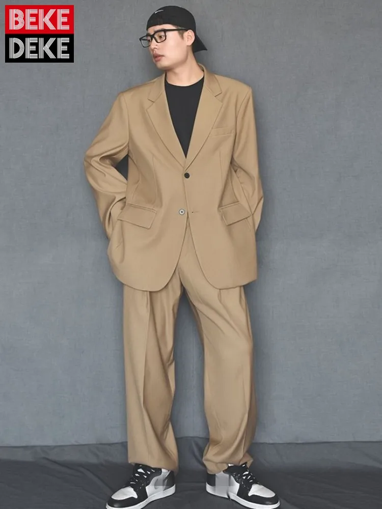 Mens Fashion Matching Set Loose Fit Single Breasted Blazers Straight Pants Business Casual Office Work Outfits Oversize Suits