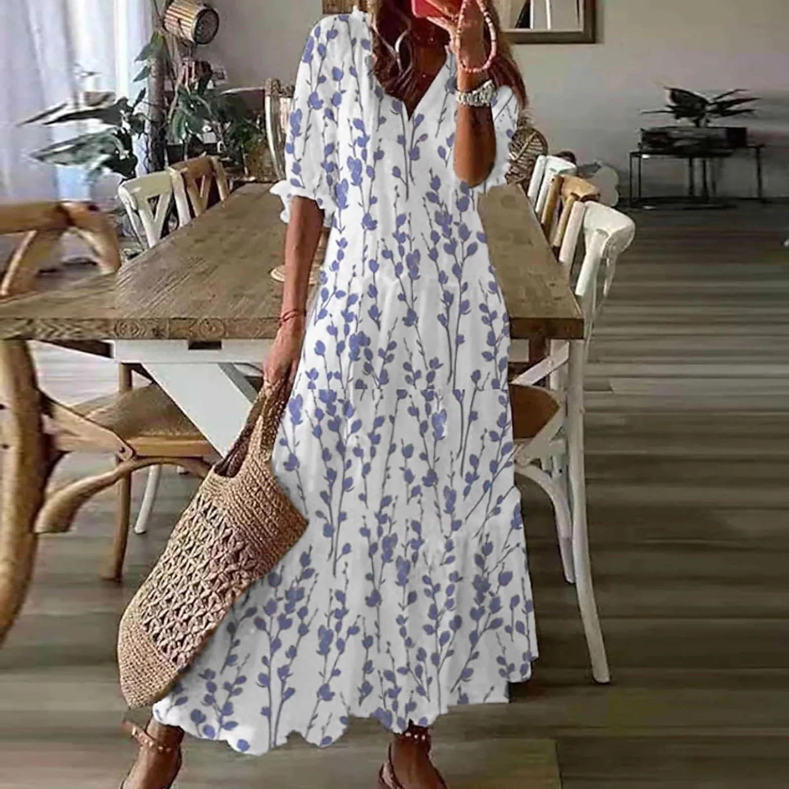 

Boho Style Printed Long Dress Women Summer V-Neck Half Sleeve Maxi Dress Ladies Casual Loose Fit Holiday Female Dresses Vestidos