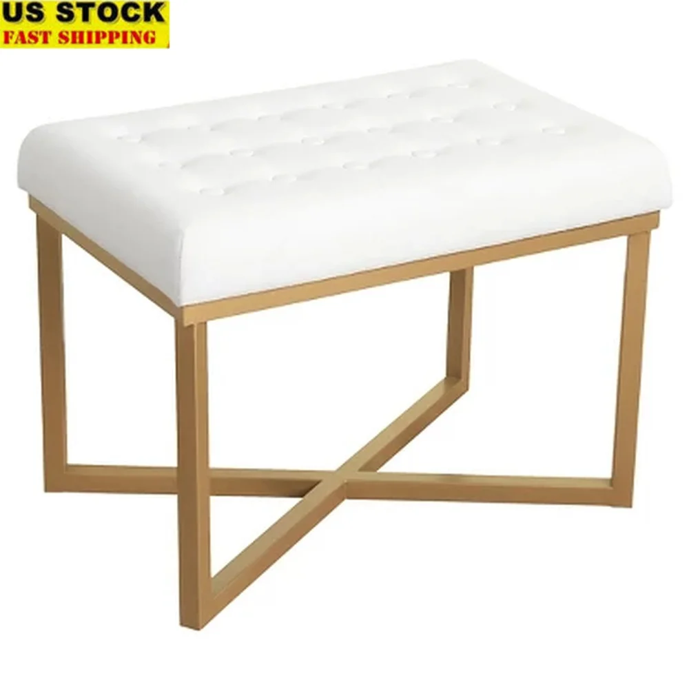 

Rectangle Velvet Ottoman with Tufted Cushion Gold Metal Base Upholstered Footstool Multi-Functional Padded Vanity Seat Living