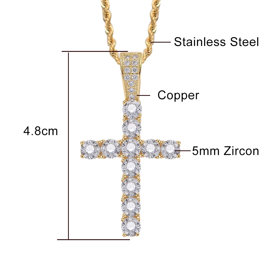4/5mm Iced Out CZ Cross Pendant Necklaces for Women Men Punk Hiphop Rope Stainless Steel Chain on Neck Rapper Jewelry OHP003