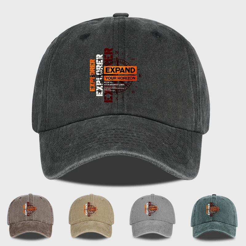 Explorer Compass Print Washed Baseball Cap Adjustable Unisex Outdoor Hiking Travel Sun Hat