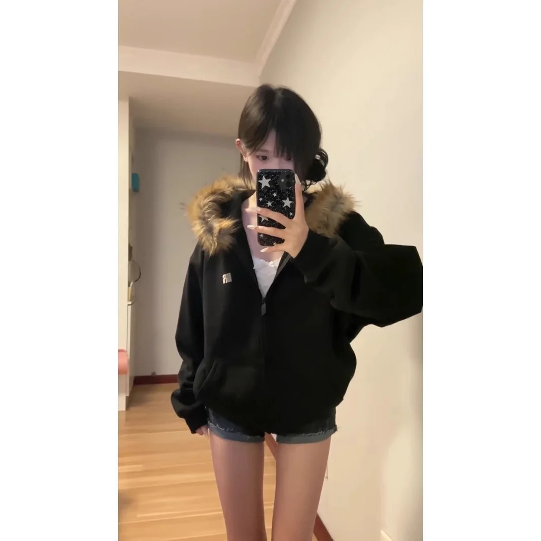 Women Black Zip Up Hoodies Vintage Korean Preppy Style Faux Fur Coat Oversized Casual Sweatshirt Harajuku Autumn Winter