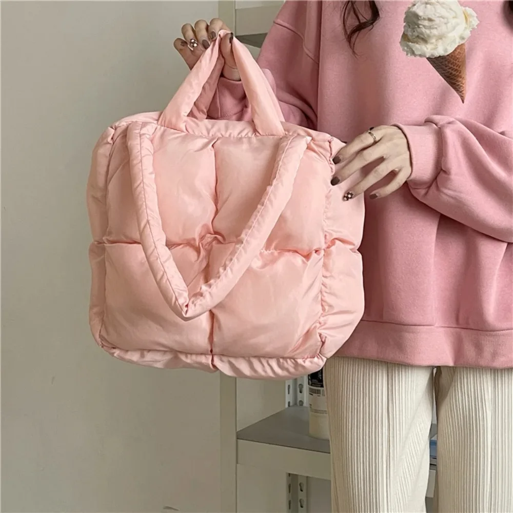 Large Capacity Puffy Shoulder Bag New Quilted Nylon Cloth Down Feather Handbag Padded Soft Space Cotton Shopping Tote