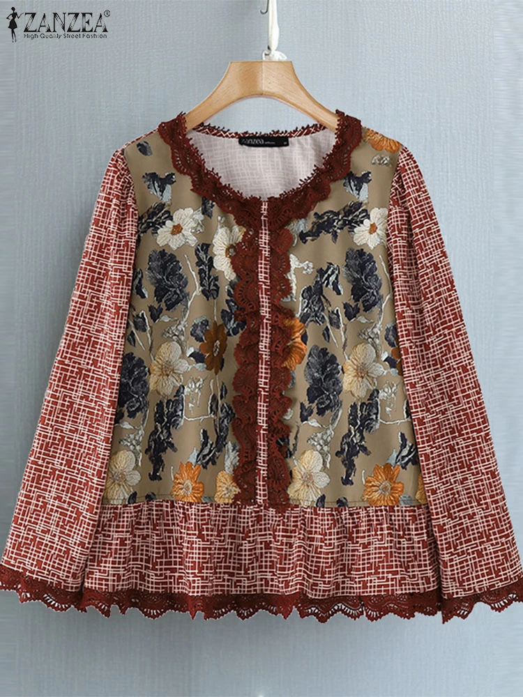 

ZANZEA Vintage Shirt Floral Lace Patchwork Blouse Bohemian Long Sleeve Retro Tops 2025 Women Printing Chic Tunics