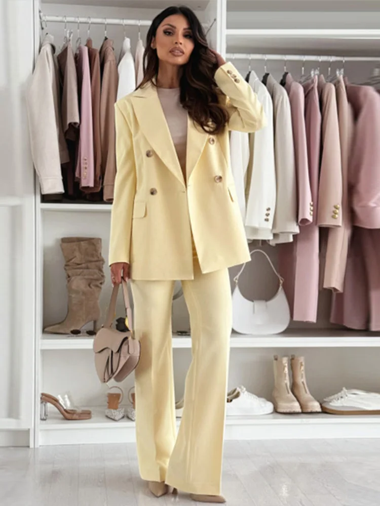 

Summer Women's Casual Pants Set Turn-down Collar Pockets Coat High Waist Long Trousers Elegant Yellow Lady Office Suit 2025 New
