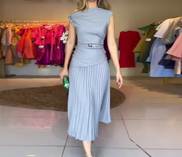 

Women's solid color slanted neck fashionable patchwork sleeveless dress