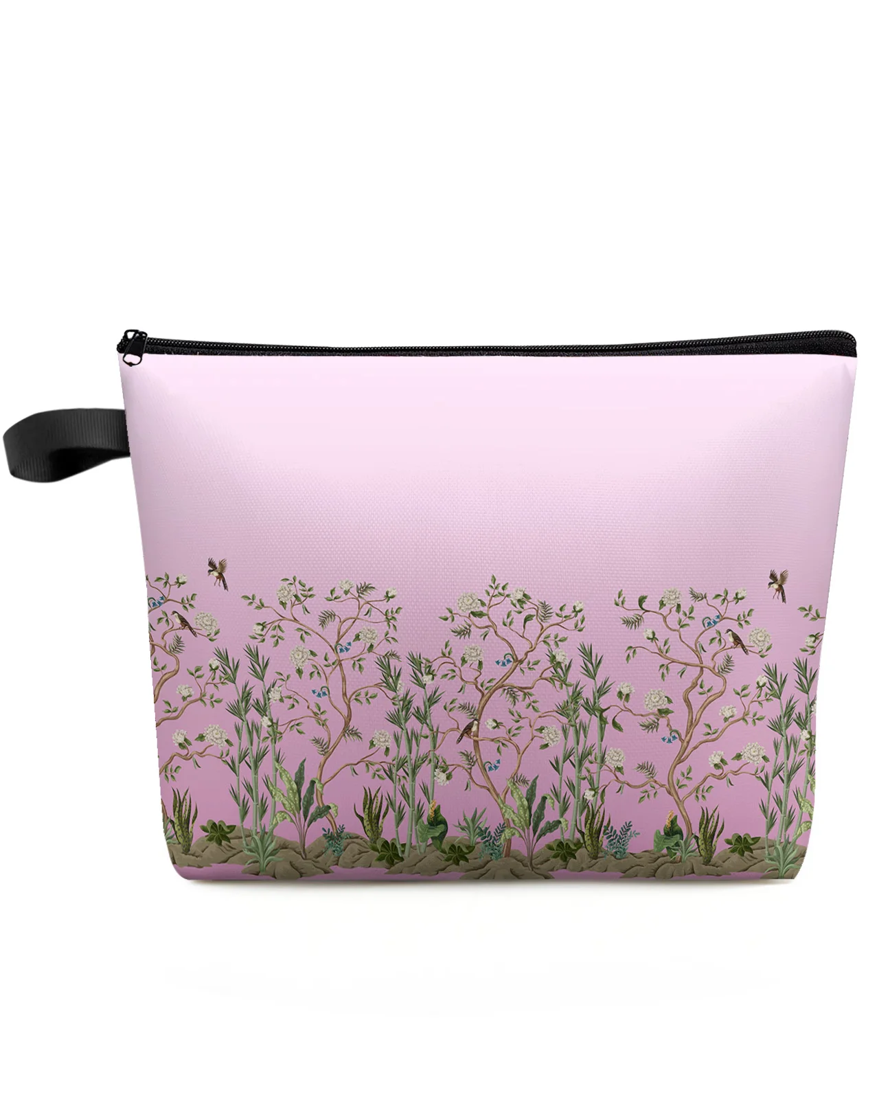 Pink Gradient Flower Plant Bamboo Bird Makeup Bag Pouch Travel Essentials Women Cosmetic Bags Organizer Storage Pencil Case