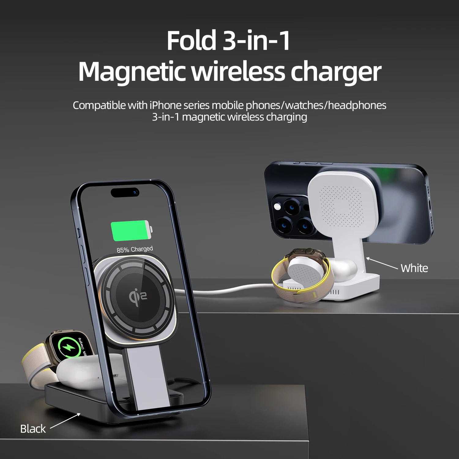 Qi2 Fast 3 in 1 Foldable Wireless Charging Station Mag-Safe Travel Wireless Charger Stand Dock for iPhone 16/15/14/13 AirPods