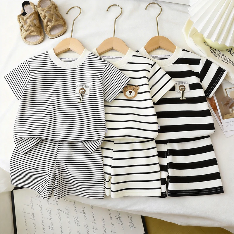1Set Kid Clother Set Children Black White Stripe Print Short Sleeve T-Shirt Shorts Boy Girl Top Toddler Baby Leisure Sport Suits