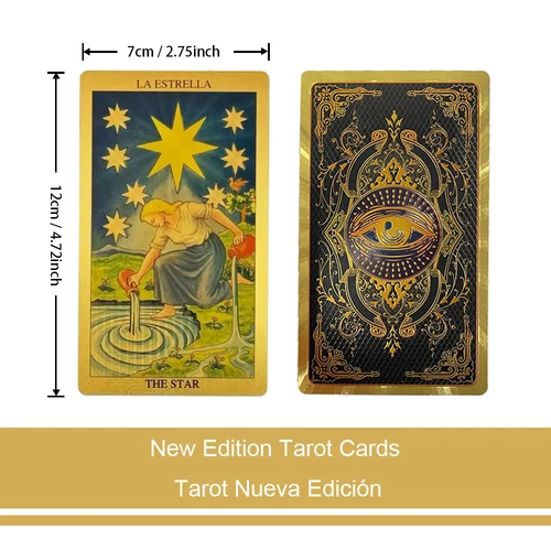 Imagen 2 del producto Baraja de Tarot dorado, versión española e inglesa, guía de papel en 2 idiomas, 12x7cm, 78 cartas clásicas de taro, juegos de cartas, más de 14