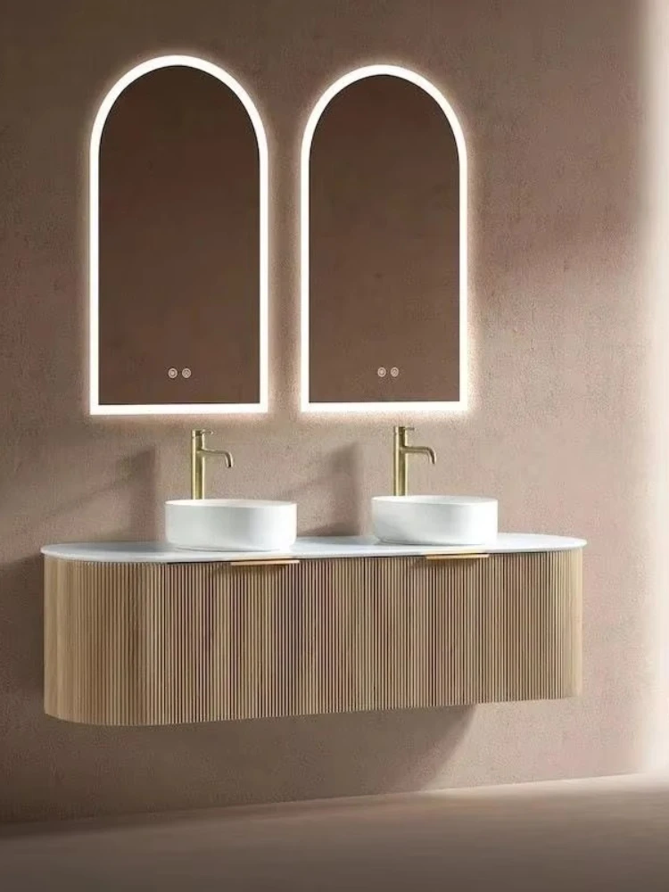 Luxury Modern Wood Painted Bathroom Cabinet with Grooved Front Container Sink Oval Smart Light Emitting Diode Mirror