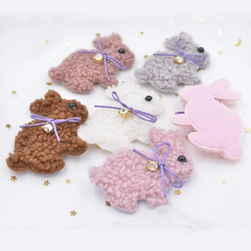 6Pcs Teddy Plush Padded Patches Kawaii Rabbit with Bow Rhinestone Appliques for Clothes Leggings Crafts DIY Hairpin Decor