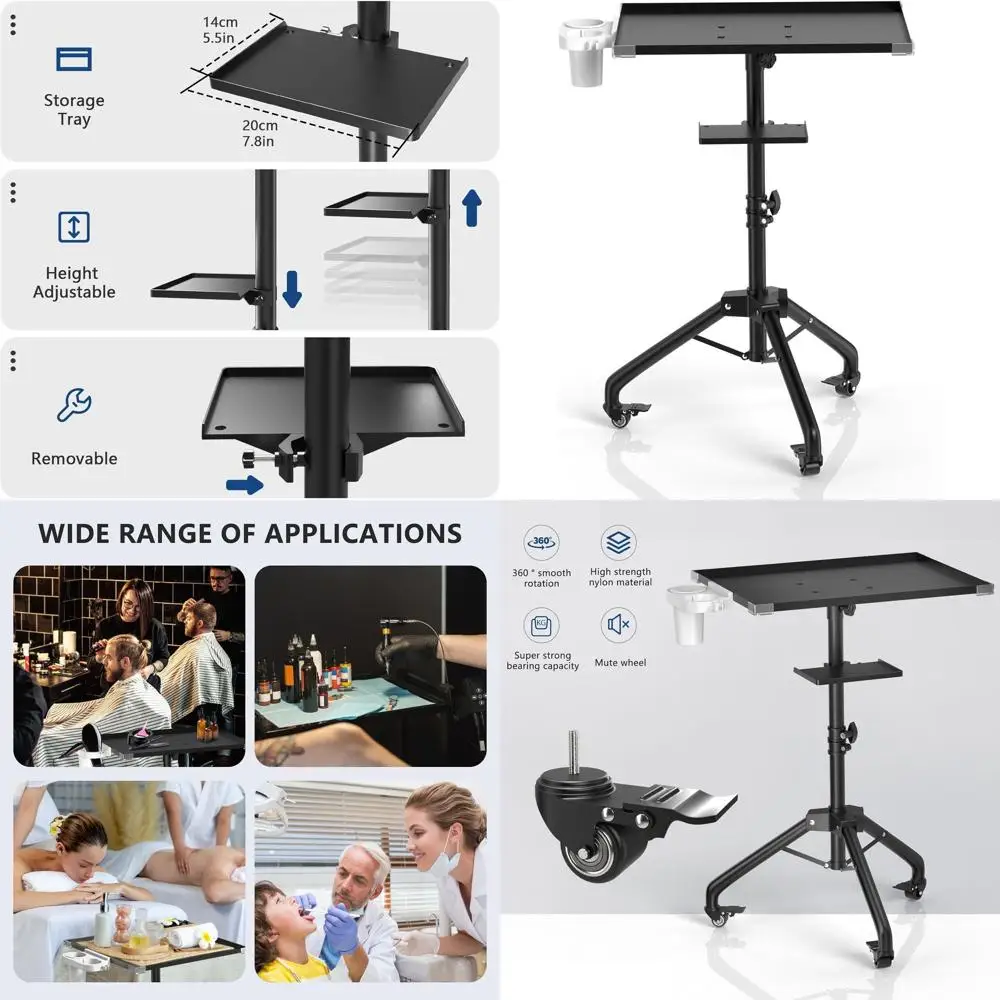 

Регулируемый по высоте поднос из железного сплава с поворотом на 360 градусов ° Бесшумные поворотные колеса для тату-салонов, СПА и стоматологических кабинетов
