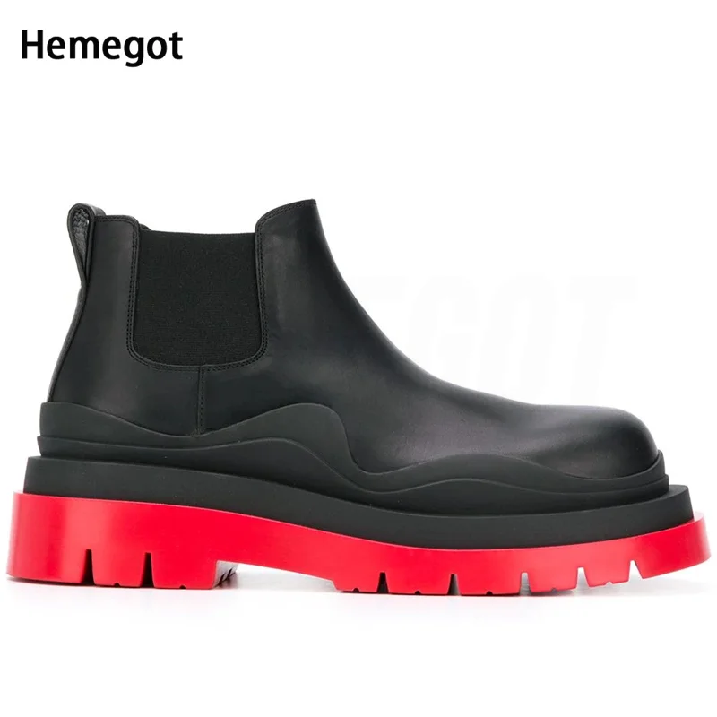 Platform Heightened Thick Bottom Men's Leather Ankle Boots Round Toe Slip On Men's Boots Chelsea High Top Shoes Men