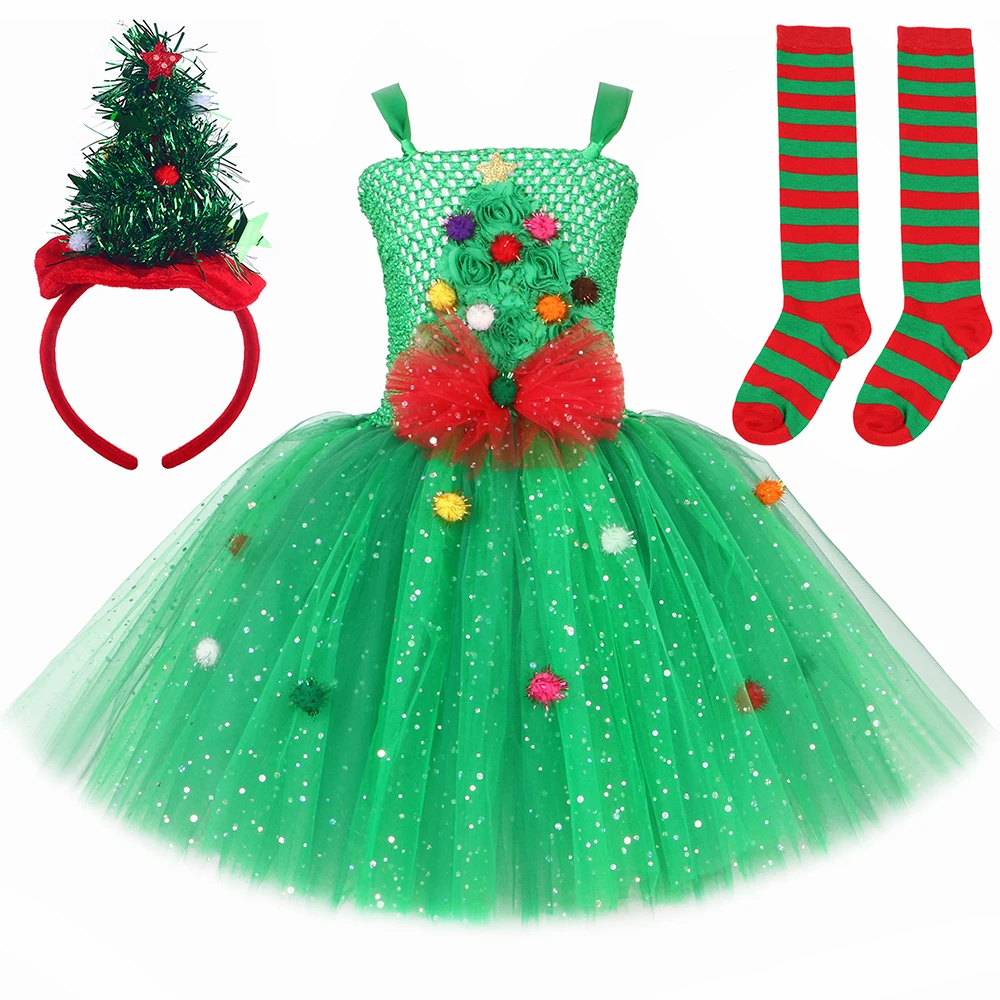 HJTT Christmas Tree Costume Kids Glitter Red Green Xmas Elf Tutu Dress Outfit Toddler Girls Christmas Party Tulle Princess Dress