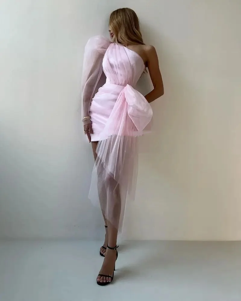 Ranmo um ombro curto vestidos de baile de noite fotos de casamento sessão puff mangas arco rosa vestidos de noite personalizados vestidos formais