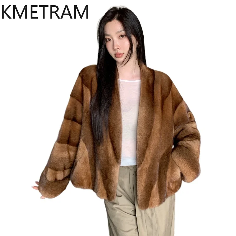 KMETRAM Natural Whole Velvet Mink Fur Jacket Women V-Neck Luxury Short Coats Winter Real Fur Coat Woman Clothing 55cm 2026 шуба
