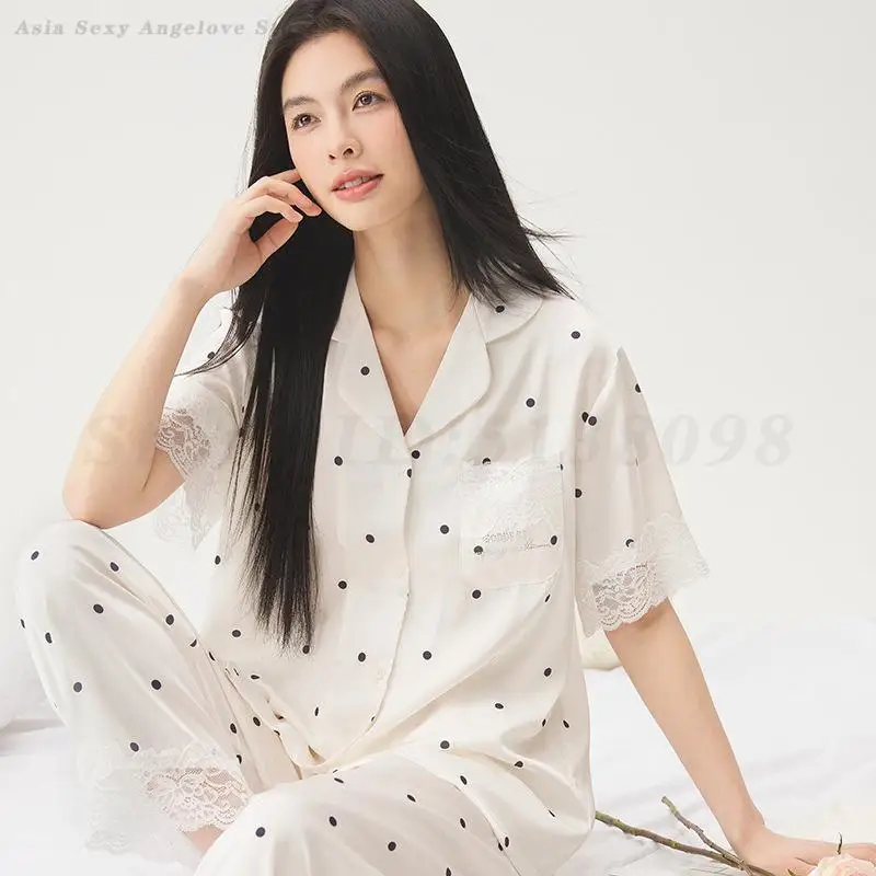 2026 New Summer Pajamas Set Short Sleeve Top&pants 2Pcs Ice Silk Loungewear Women Printed Sleepwear Loose Home Clothes Nightwear 2