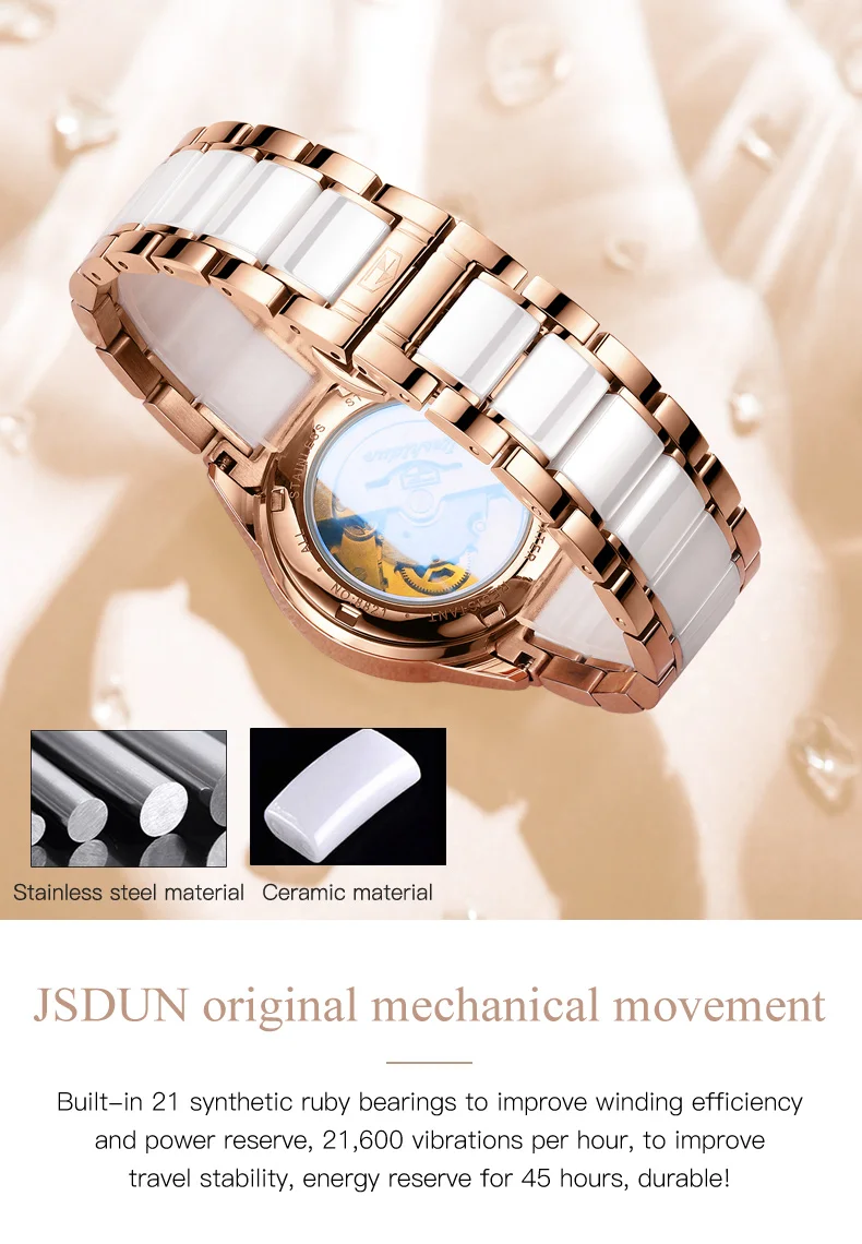 JINSHIDUN 8821 Automatikuhren für Damen, elegante Luxus-Keramik-Stahlarmbanduhr mit Doppelkalender, wasserdichte mechanische Damenuhren – Detail 7