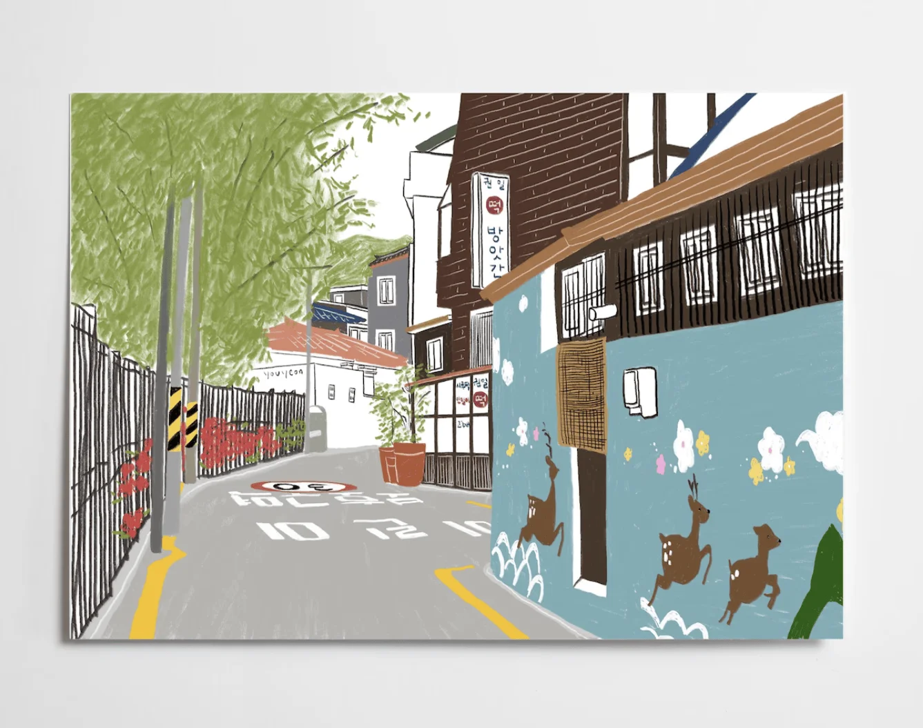 Korean Street Deer Mural Canvas Prints Posters Decor, Cute City Alley Illustration Wall Art for Living Room Bedroom Cafe