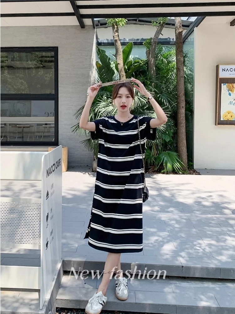 

Fashion O-Neck Printed Straight Striped Casual Long Dresses Female Clothing Summer Loose Young Style Short Sleeve T-shirt Dress