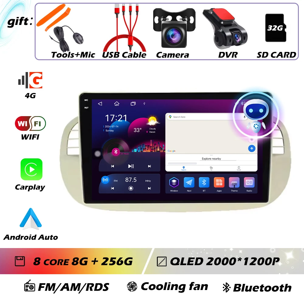9 ''Android 16 Autoradio Stereo voor Fiat 500 2007-2015 met GPS Navigatie Stuurbediening Multimedia Carplay auto WIFI