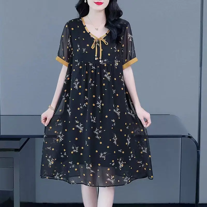 

Stylish Broken Flower Printed Casual Dresses Female Clothing Straight Summer Chiffon O-Neck Bow Korean Short Sleeve Midi Dress