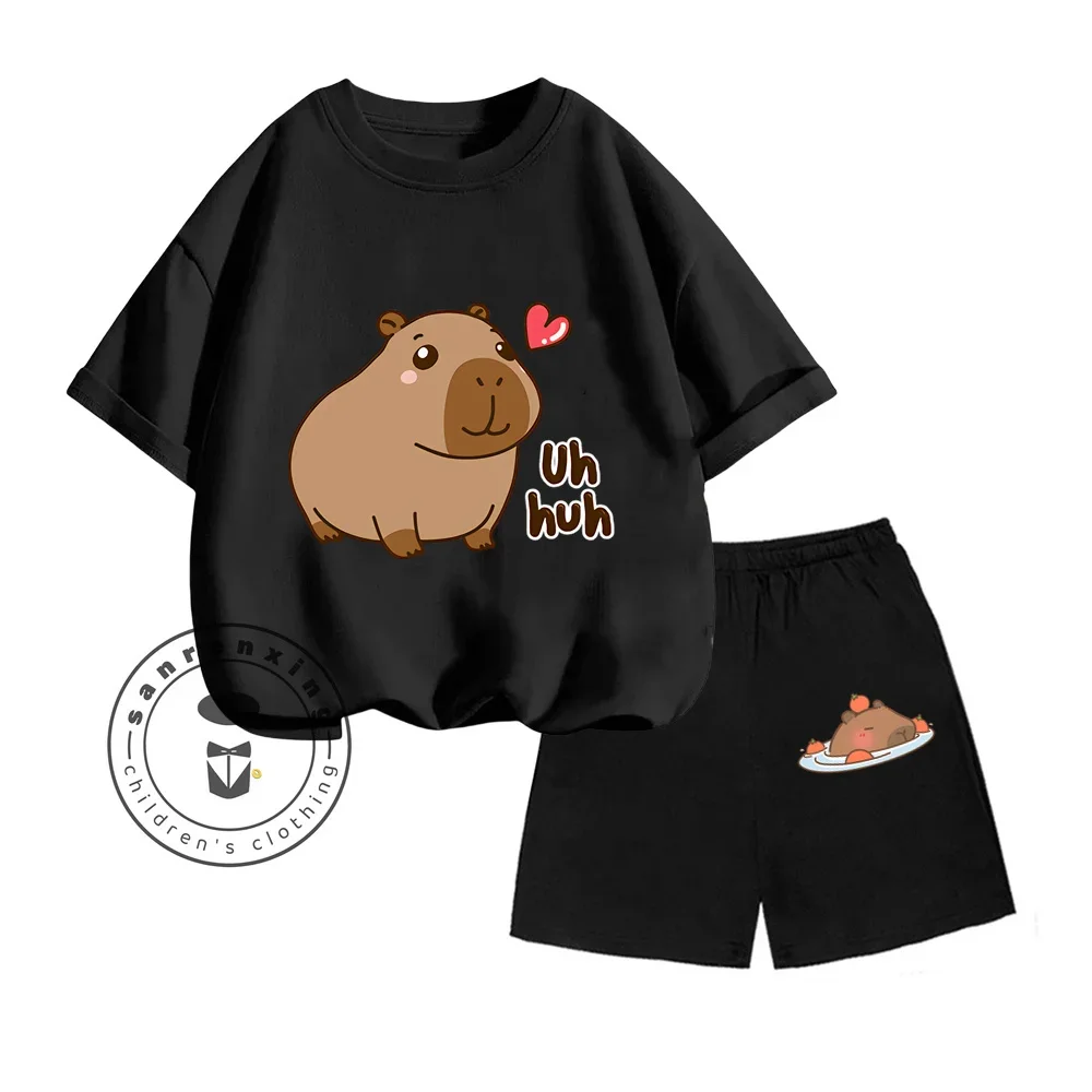 Capybara Vertical Graphic Cartoon Print Design O-neck Short Sleeves and Hip Hop Shorts Fit Both Boys and Girls Two-piece Sets