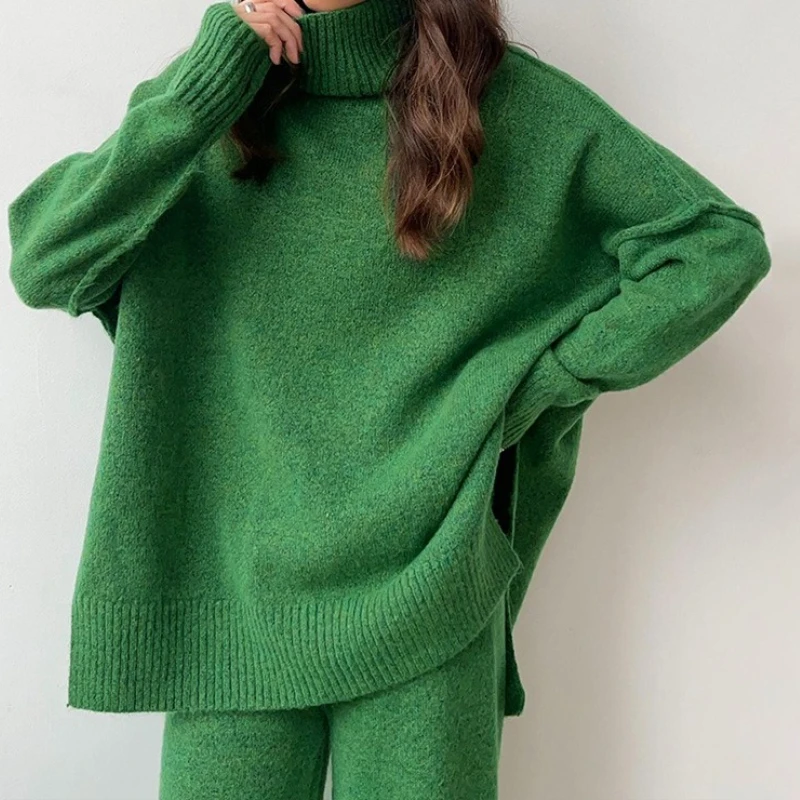 ゆったりとしたタートルネックセーターセット レディース エレガントなワイドレッグパンツ ニットツーピースセット レディース ホームウェア マッチングセット 2025年冬