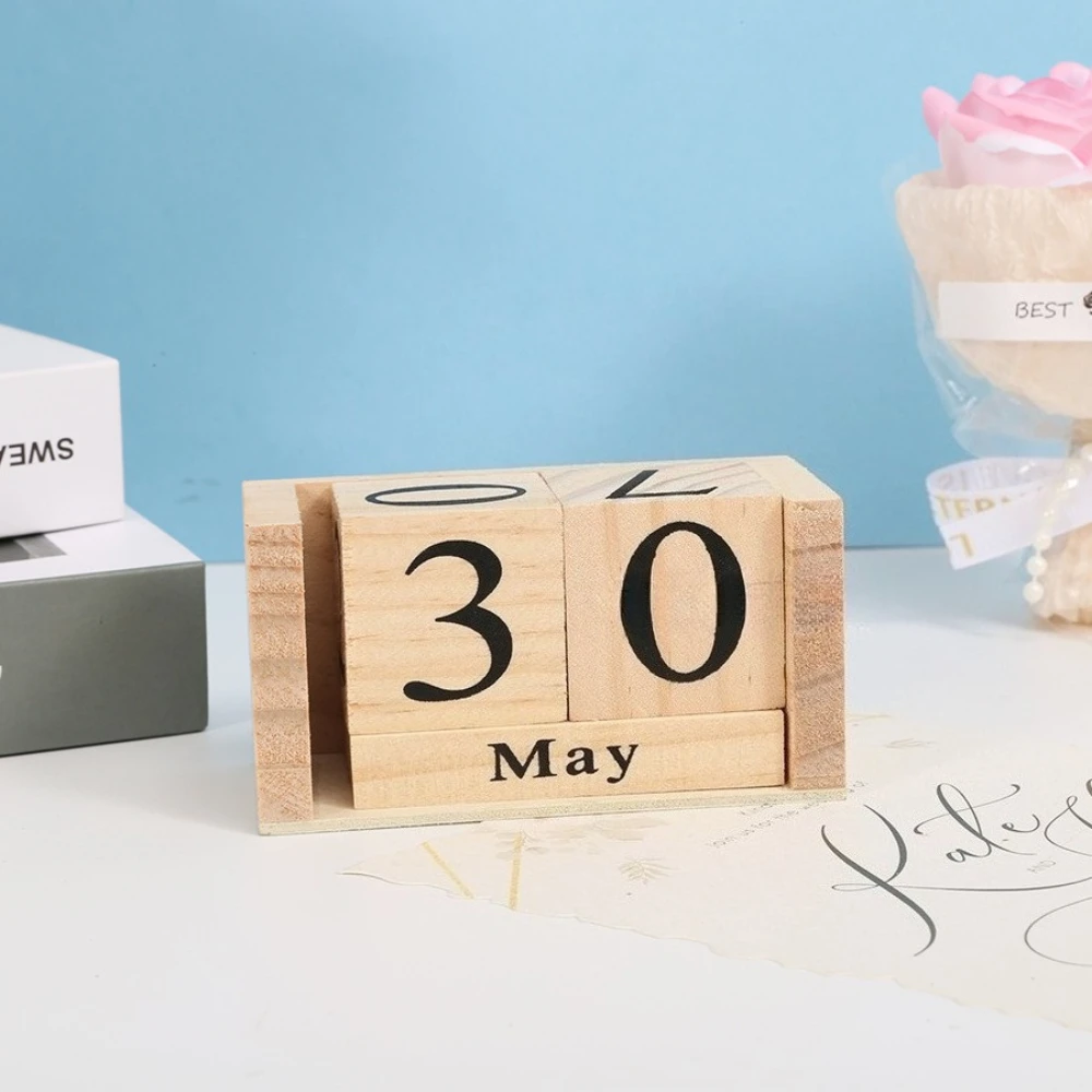

Solid Wood Calendar Block Set Wooden Desktop Decoration Office Perpetual Flip Vertical Calendar Daily Block Ornament Gift
