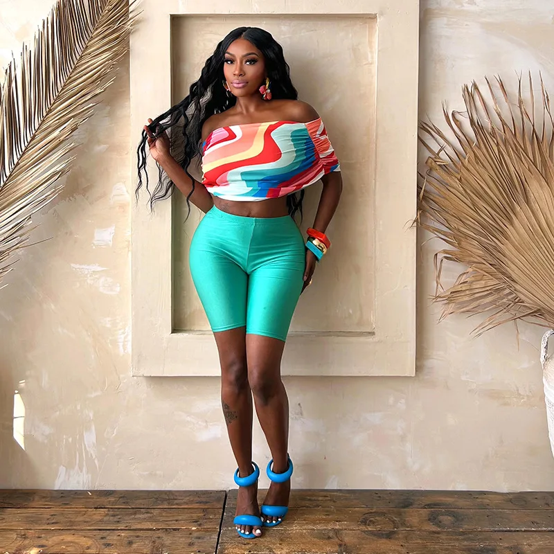 

Women Fashion 2 Piece Set Colorful Striped Ruched One Shoulder Crop Tops + Solid High Waist Skinny Shorts Casual Streetwear Suit