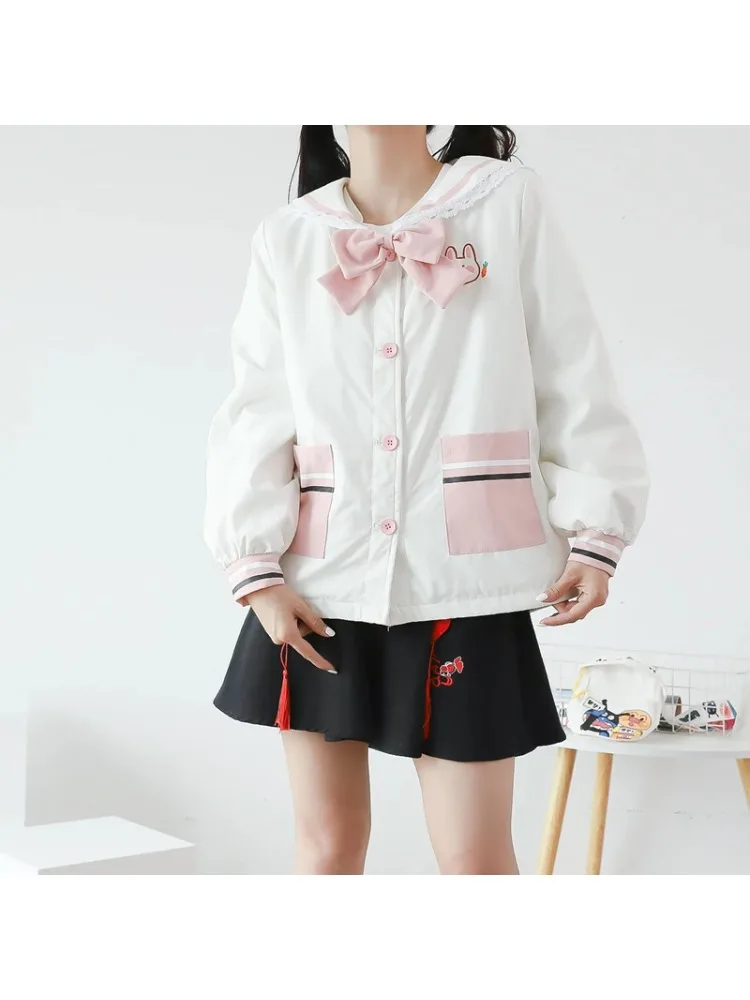 Harajuku Rabbit Embroidery Women Quilted Coats 2024 Winter Long Sleeve Sailor Collar Bow Ladies Cotton Liner Jackets Outwears