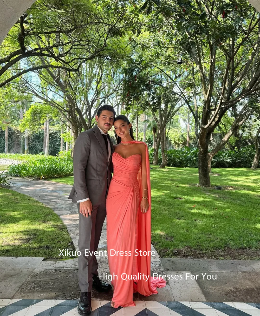 Xikuo Coral Pink Ribbons Evening Dress Floor Length Chiffon 2025 Party Dresses Pleated Sweetheart Vestidos De Fiesta Customized