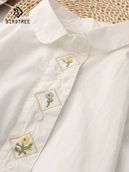 New Summer Cotton Long Sleeve Shirts Lapel Flower Embroidery Top Casual Girl Literature Sweet Loose Blouse 2024 Autumn T465108QC