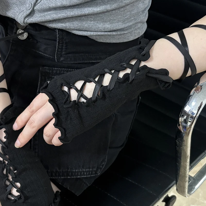 ผู้หญิง Kawaii Lolita Jk ลูกไม้ Fingerless ถุงมือ Gothic DIY สายรัดครีมกันแดดเสื้อผ้าอุปกรณ์เสริมตาข่ายยืดหยุ่น Punk ถุงมือ