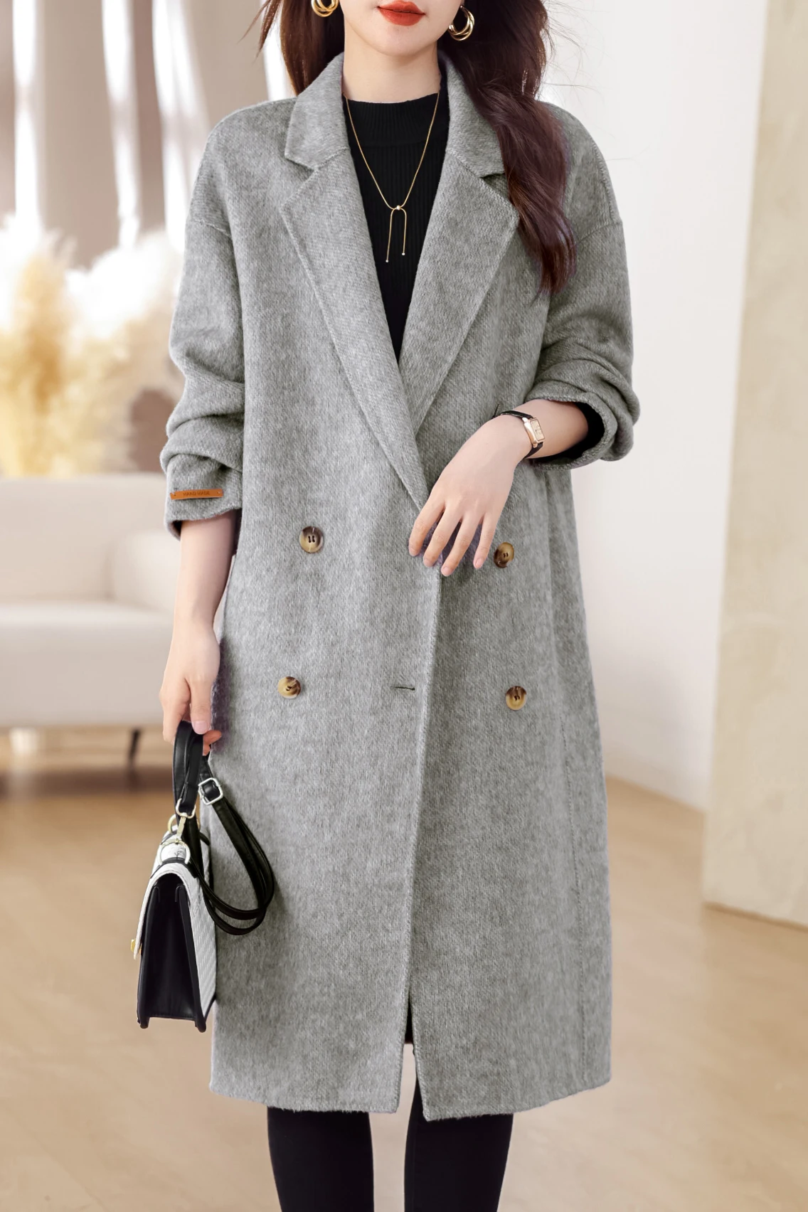 

Шерстяные пальто, женские двубортные пальто с отложным воротником средней длины, женская модная свободная повседневная одежда, новинка 2023 года, осень-зима