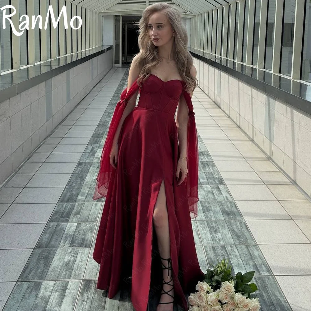 

Ranmo 2025 Customized Burgundy Modern A Line Evening Dress Off Shoulder Stain Prom Gown Side Slit Vestido De Novia Floor-Length